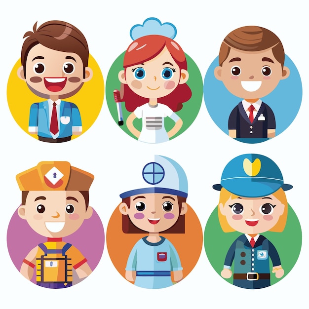 Vector six smiling cartoon characters in various professions