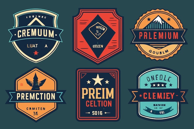 Vector six vintage badges with various designs and text all in different colors and shapes