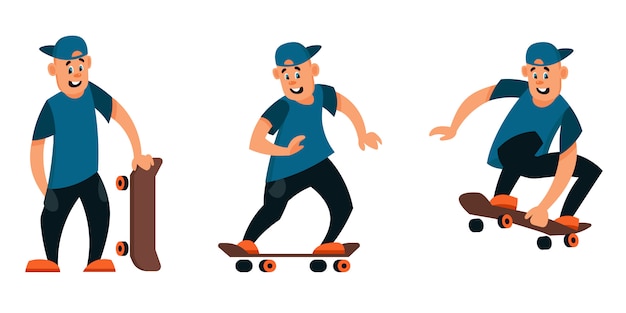 Skateboarder in different poses. Male character in cartoon style.