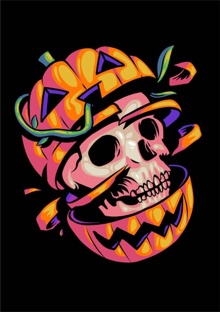 Skeleton inside Pumpkin Halloween Illustration