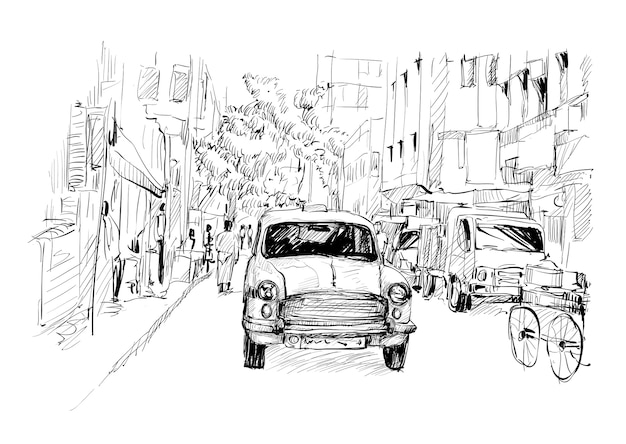 Sketch of cityscape in India show transportation local taxi on street, illustration