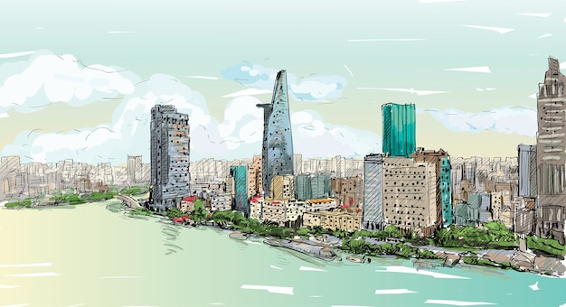 Vector sketch cityscape of saigon city ( ho chi mihn ) vietnam show skyline and building, illustration