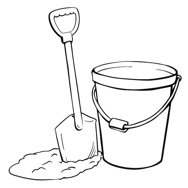 Vector sketch of a classic beach bucket and shovel surrounded by soft sand and the promise of fun