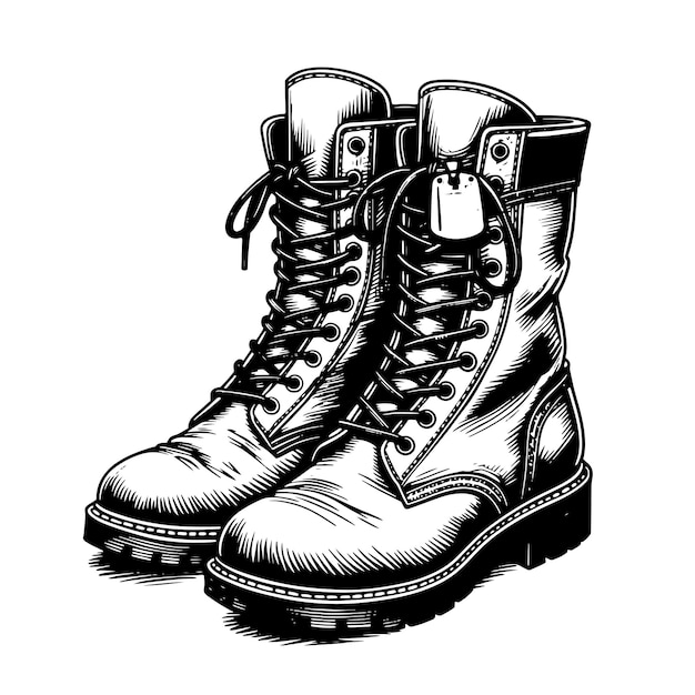 Sketch A pair of military boots on a white background Vector illustration