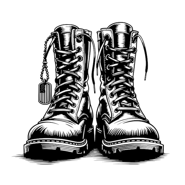 Sketch a pair of military boots with a tag on the side Vector illustration