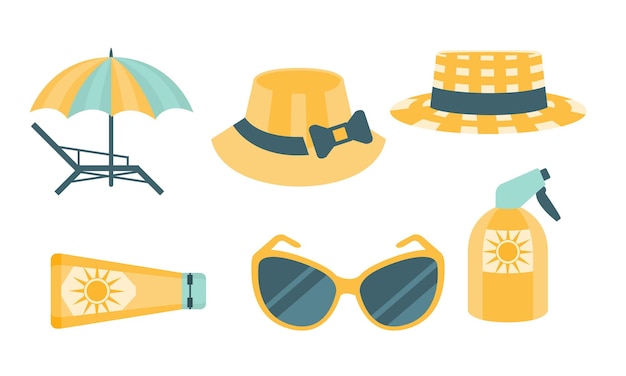 Vector skin protection set beach sun safety hat panama umbrella sunglasses sunscreen vector illustration