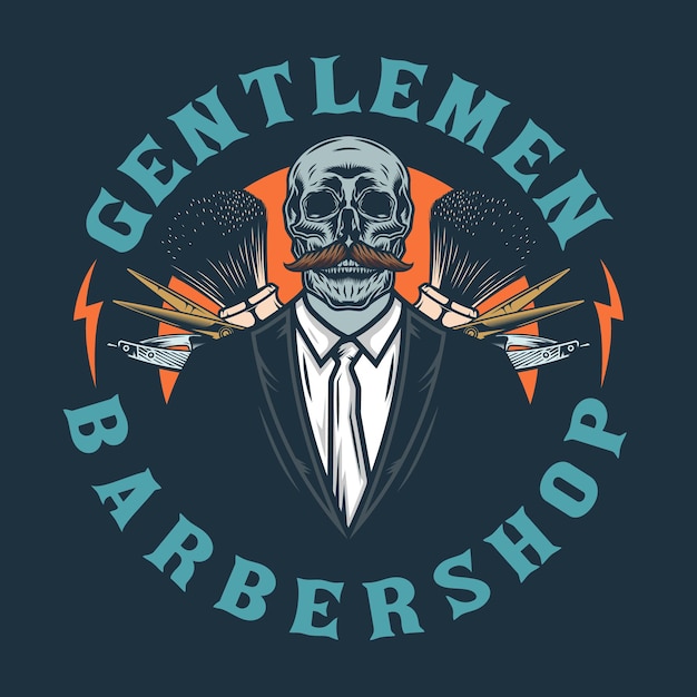 Skull gentlemen barbershop emblem with saloon tools