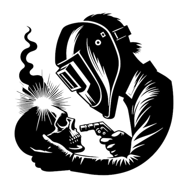 Vector skull welder black and white illustration featuring a grim reaperlike welder with a skull