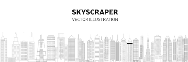 Vector skyscrapers doodle banner long horizontal city banner outline vector illustration