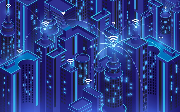 Slimme stad met wi-fi conceptuele verbinding, informatiecommunicatietechnologieconcept