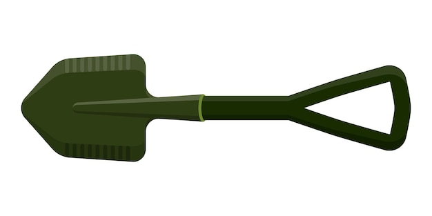 Small military tactical sapper shovel with ergonomic handle. Touristic equipment for camping and tourism. Military concept for army, soldiers and war. Vector cartoon isolated illustration.