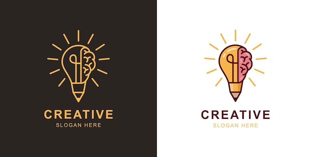 Smart Creative idea pencil logo element with brain and light bulb icon symbol for inspiration student study education creative design agency logo