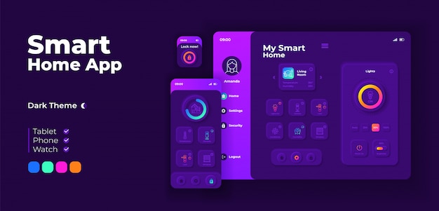 Smart home app screen adaptive design template. Household automation application night mode interface with flat characters. IOT equipment management smartphone, tablet, smart watch cartoon UI.