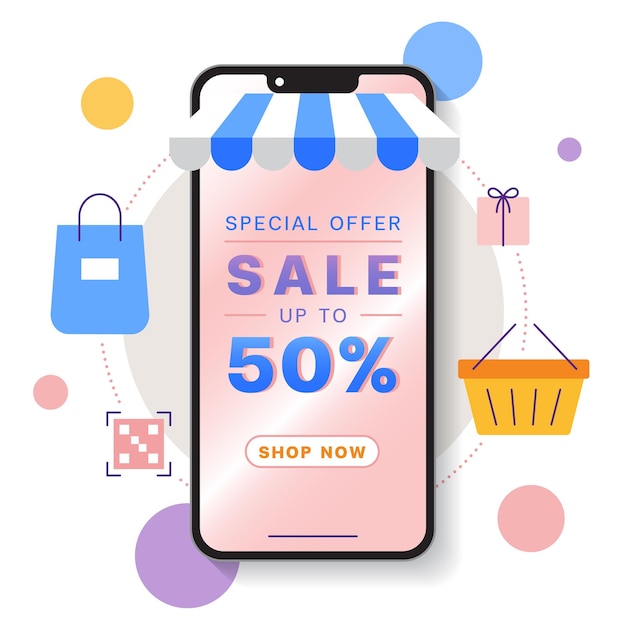 Smartphone Mobile Online Shopping Marketing Landing Page Post Banner Background Concept Isolated