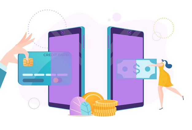 Vector smartphone online money, card payment by phone banking technology illustration