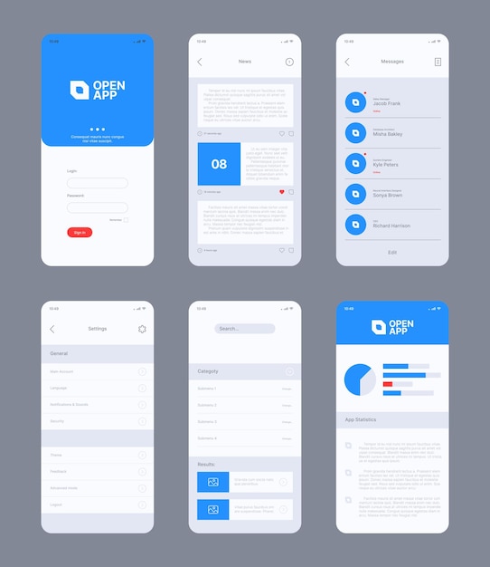 Vector smartphone ui design web frames layout template mobile application ui kit buttons dividers preview photos garish vector layout with place for personal text