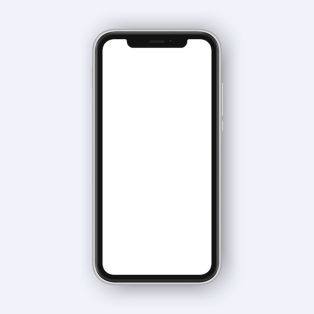 Smartphone white blank screen. Frameless smartphone isolated on white background. Cell shape with place for selfie camera and sensors