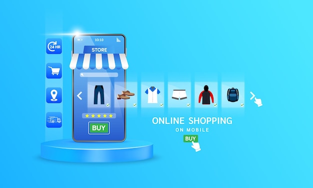 Smartphone with shop app Shopping online on website in mobile application Pay by credit card quick