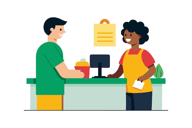 Vector smiling cashier assisting a customer with grocery checkout at the store