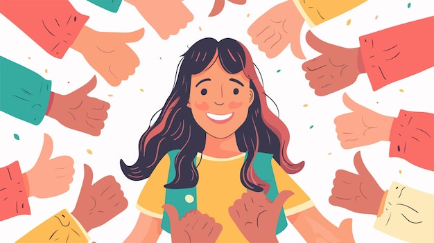 Vector smiling happy young woman surrounded by hands