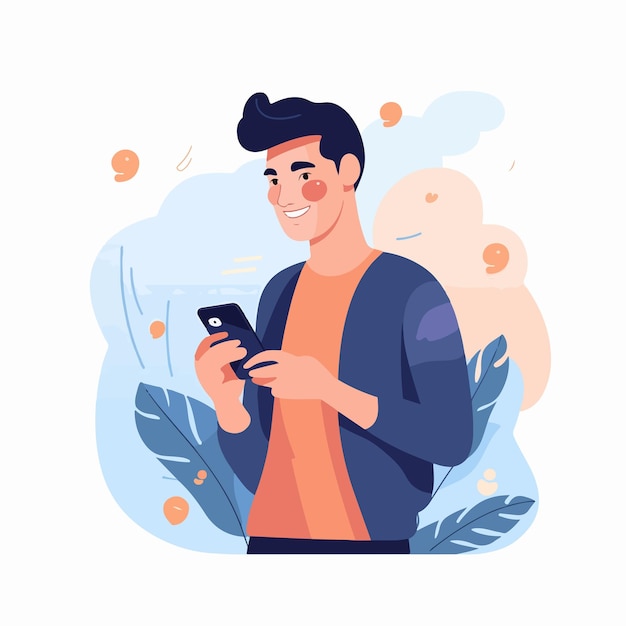 Vector smiling man chatting on mobile app