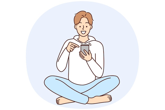 Vector smiling man using cellphone