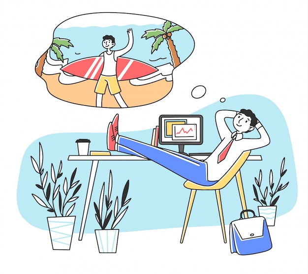 Vector smiling man at work dreaming about vacation   illustration