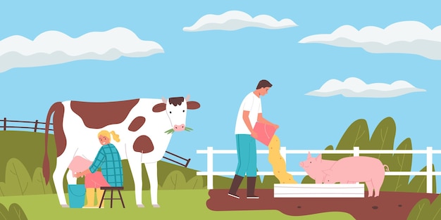 Vector smiling people milking cow and feeding pigs on farm flat