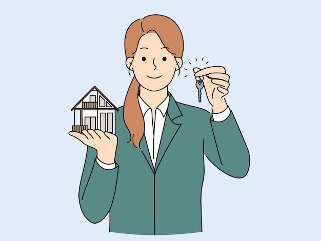 Vector smiling realtor hold house miniature and key