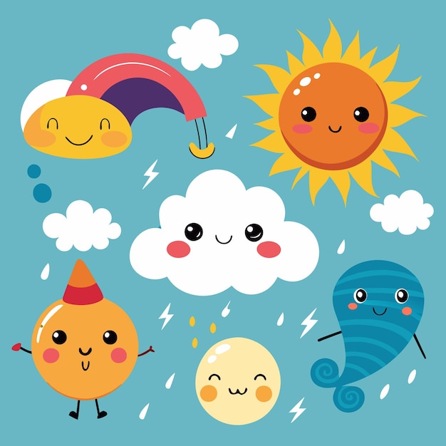 Vector smiling sun moon cloud and wind kawaii weather