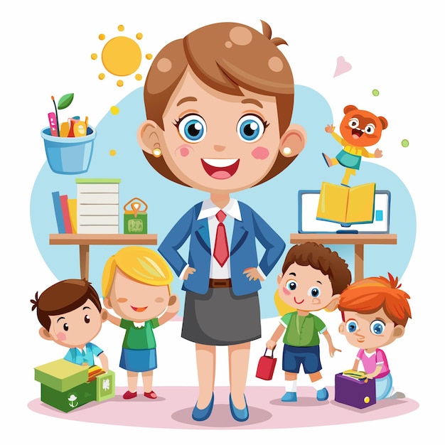 Vector smiling teacher with kids in classroom