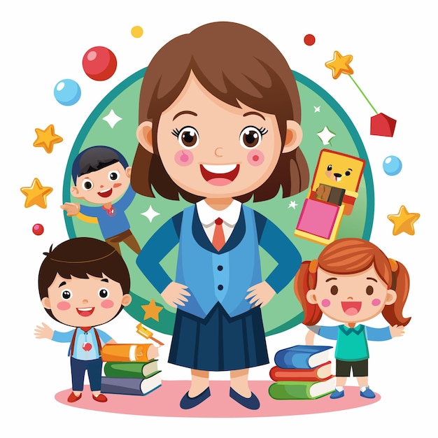 Vector smiling teacher with two students and colorful books