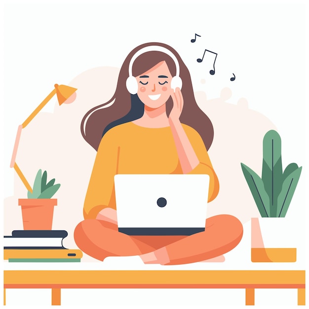 smiling woman listening to music sitting at the desk with her laptop illustration