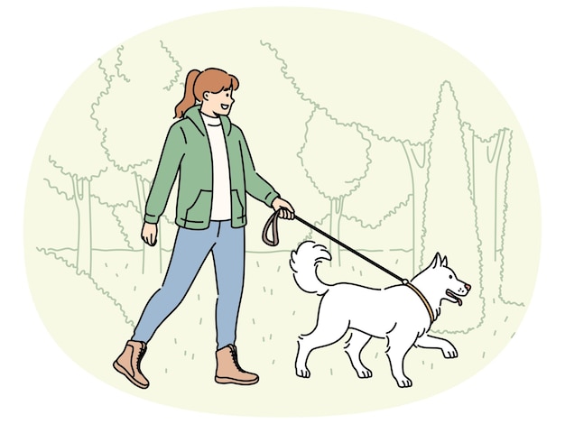 Vector smiling woman walking with dog in park