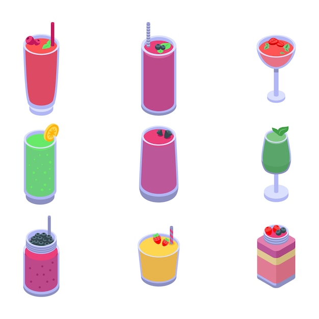 Smoothie icons set, isometric style