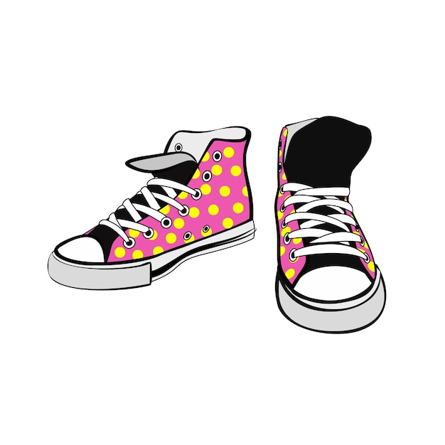 Sneakers shoes pair isolated Hand drawn vector illustration pink shoes yellow polka dots Sport boots hand drawn for logo poster postcard fashion booklet flyer Vector sketch sneakers pink shoes