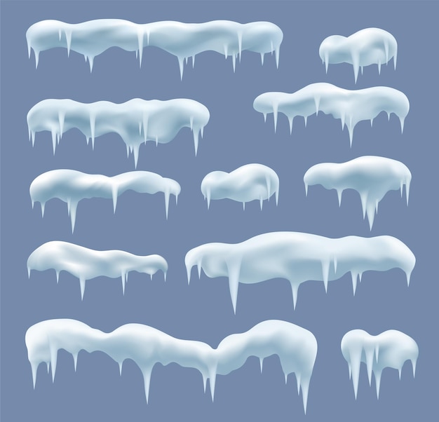 Vector snow drifts with ice icicles on blue background frozen ice caps christmas and new years winter decor elements