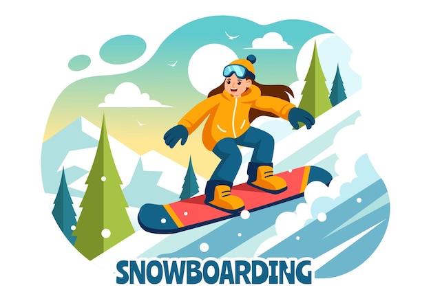 Vector snowboarding vector illustration featuring people sliding and jumping on a snowy mountain slope during winter flat style cartoon background