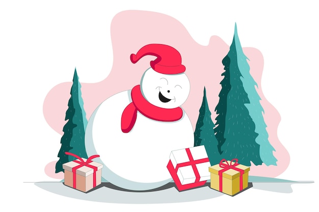 Snowman and Christmas Gifts Flat Style Illustration