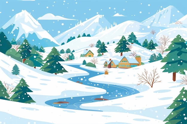 Vector snowy landscape with small houses and trees