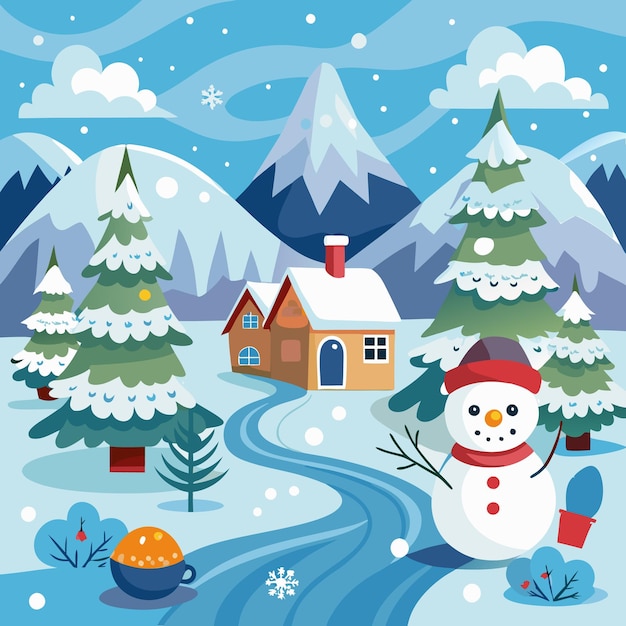 Vector a snowy mountain landscape with a house a snowman and a cup of hot beverage