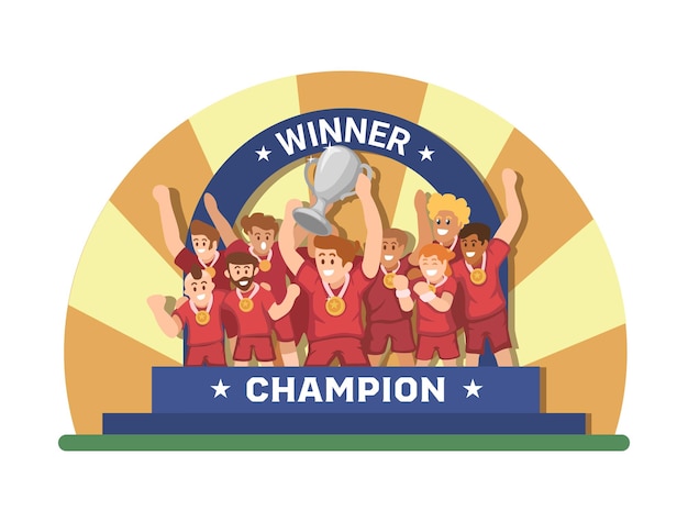 Vector soccer champion team celebration on podium cartoon illustration vector