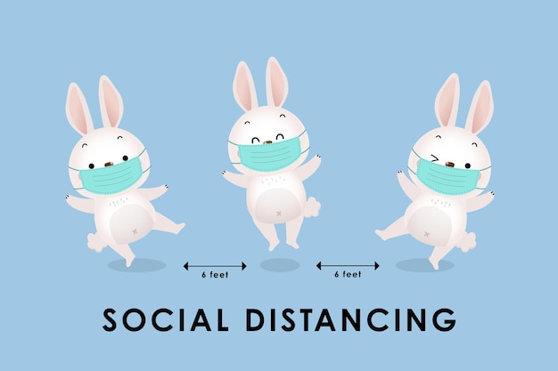 Vector social distancing infographic with cute bunny