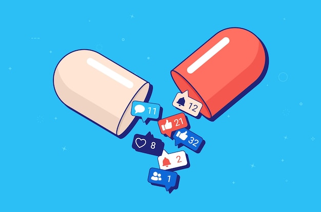 Social media addiction concept with drug pill