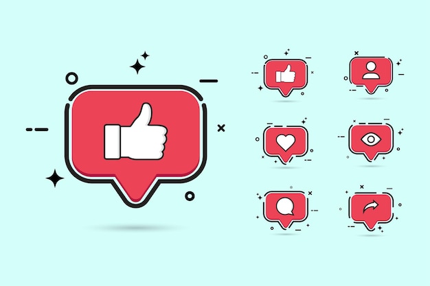 Vector social media button set with red color. social button with like, love, comment, view, share and follow icon. stylish red color flat button collection for social media posts.