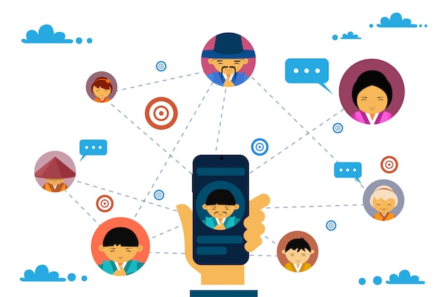 Vector social media communication and connection concept with hand holding smart phone