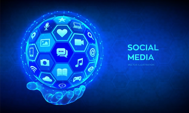 Social media global connection concept. Abstract 3D sphere or globe with surface of hexagons with a different social media icons in wireframe hand.