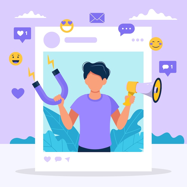 Vector social media influencer. illustration with man holding megaphone and magnet in the social profile frame. 