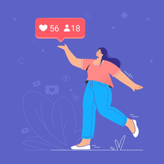 Vector social media marketing and increasing audience. flat vector concept illustration of smiling woman walking alone and pionting to red speech bubble to show number of recent followers and likes