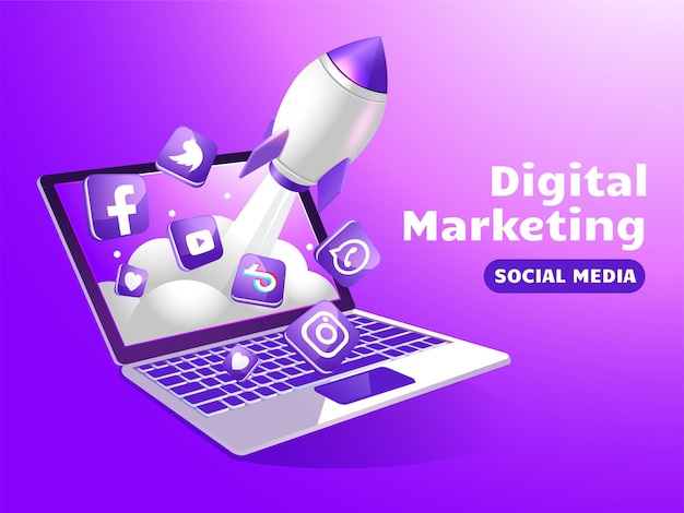 Social media marketing with laptop and boost rocket